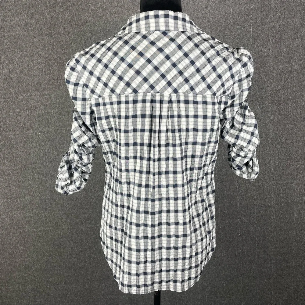 Veronica Beard Navy and White Plaid Ruched -Sleeve Blouse